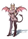  1girl absurdres armor bangs bare_shoulders bikini_armor black_choker black_gloves black_legwear black_nails blonde_hair blue_eyes boots breasts choker collarbone contrapposto demon_girl dragon_girl dragon_horns dragon_tail dragon_wings elbow_gloves full_body gloves hand_on_hip high_heel_boots high_heels highres horns lips long_hair looking_at_viewer medium_breasts navel original pointy_ears revealing_clothes simple_background single_elbow_glove single_glove smile solo standing stomach sword tail thighhighs weapon white_background wings xue_qi_ye_(dndtmbdue) 