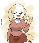  2020 5_fingers aggressive_retsuko anthro bottomwear canid canine canis clothed clothing digital_media_(artwork) domestic_dog eyes_closed female fingers fully_clothed gesture hi_res inui_(aggressive_retsuko) joaoppereiraus mammal open_mouth open_smile sanrio shirt signature skirt smile solo topwear waving 