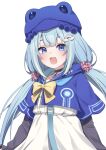  1girl :d amami_ami black_choker black_sleeves blonde_streaks blue_eyes blue_hair blue_hat blue_jacket blush choker commentary cropped_jacket dress english_commentary frills frog_hat hat highres hood hood_down hooded_jacket jacket long_hair long_sleeves looking_at_viewer multicolored_hair open_mouth prism_project rainbow_hair_ornament short_sleeves simple_background smile socks solo standing streaked_hair twintails valefal_coneri virtual_youtuber white_background white_dress 