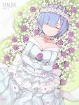  1girl absurdres bangs blue_hair breasts collarbone commentary_request dress eyebrows_visible_through_hair facing_viewer flower frilled_dress frills hair_ornament hair_over_one_eye highres pangbai_666 pink_flwoer re:zero_kara_hajimeru_isekai_seikatsu rem_(re:zero) short_hair solo wedding_dress white_dress x_hair_ornament 