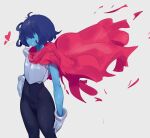  1other armor blue_hair blue_skin bodysuit breastplate cape colored_skin deltarune drowsykrid facing_viewer feet_out_of_frame full_body gauntlets grin hair_over_eyes hand_on_own_hip heart highres kris_(dark_world)_(deltarune) kris_(deltarune) navel other_focus red_cape short_hair sleeveless sleeveless_bodysuit smile utdr_(toby_fox) 