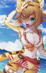  2020 anthro blush breasts brown_body brown_fur clothed clothing cloud felid female fur gesture green_eyes hair happy mammal mia_(world_flipper) natadeko_kitsune one_eye_closed open_mouth orange_body orange_fur orange_hair outside pantherine sky solo tiger v_sign water white_body white_fur 