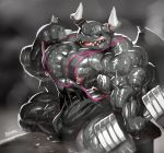 abs anthro black_body bodily_fluids breath clothing dragaux dragon genitals hi_res kuroma male muscular muscular_anthro muscular_male nintendo nipples panting pecs penis ring_fit_adventure shirt sweat tank_top topwear video_games 