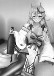  1girl absurdres bottle breasts cleavage commentary_request crossed_bangs fur-trimmed_sleeves fur_trim gradient_horns greyscale grin hair_between_eyes hair_between_horns hair_tubes highres hikimayu holding holding_bottle horns japanese_clothes kimono long_hair long_sidelocks long_sleeves looking_at_viewer mole mole_under_mouth monochrome multicolored_hair multicolored_horns nijisanji no_cape no_headwear off_shoulder official_alternate_costume oni pelvic_curtain pointy_ears rindou_mikoto rindou_mikoto_(2nd_costume) sake_bottle short_kimono side_slit sidelocks single_hair_streak sitting skin-covered_horns small_breasts smile solo streaked_hair thick_eyebrows thighhighs toshise. virtual_youtuber wide_sleeves yokozuwari 