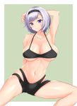  1girl absurdres arm_behind_head arm_up armpits azur_lane bangs bare_shoulders bike_shorts black_bra black_hairband black_shorts blush bra breasts cleavage collarbone commentary_request cowboy_shot eyebrows_visible_through_hair green_background grey_hair groin hairband highres large_breasts looking_at_viewer mayama_(hypermagicmountain) midriff navel parted_hair purple_eyes reno_(azur_lane) short_hair shorts side_cutout sidelocks simple_background sitting skindentation smile solo taut_clothes underboob underwear 