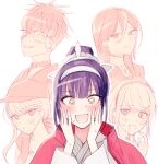  1boy 4girls :d bisexual_female black_hair blush brown_eyes cape choker collar commentary_request dougi eyepatch grin hairband hands_on_own_face hat heart heart_in_eye kawana_tsubasa kirifuji_nozomi long_hair looking_at_viewer magadori_kyoshika multiple_girls nervous_sweating omokage_yugamu outline ponytail print_eyepatch qr0_mu red_cape scratching_cheek shizuhara_hiruko short_hair smile sweat symbol_in_eye the_hundred_line_-last_defense_academy- white_hairband white_outline 