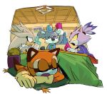  2boys 2girls animal_ears blaze_the_cat blue_hat brown_fur brown_gloves card cat_ears cat_girl closed_eyes commentary english_commentary furry furry_female furry_male gardon_(sonic) gloves grey_fur hat hedgehog_boy highres holding holding_card indoors jacket koala_boy koala_ears marine_the_raccoon multiple_boys multiple_girls open_mouth playing_card purple_fur purple_jacket raccoon_girl rocketrrush silver_the_hedgehog sleeping sonic_(series) sonic_rush_adventure 