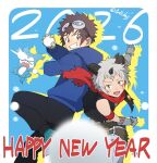  2026 2boys aegiomon black_horns black_pants black_vest blue_background blue_hoodie blurry blurry_foreground border brown_hair chibimon commentary_request cowboy_shot digimon digimon_(creature) digimon_adventure_02 gloves goggles grey_hair happy_new_year holding holding_snowball hood hoodie horns multiple_boys pants red_scarf satyr scarf short_hair snowball snowball_fight throwing twitter_username vest white_border white_gloves yuu_(pixiv3042074) 