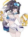  1girl absurdres animal_ears black_hair blue_archive blue_eyes blush breasts cheerleader commentary_request dog_ears dog_girl dog_tail goggles goggles_on_head halo hibiki_(blue_archive) hibiki_(cheer_squad)_(blue_archive) highres holding holding_pom_poms korean_commentary long_hair looking_at_viewer millennium_cheerleader_outfit_(blue_archive) official_alternate_costume open_mouth panties pom_pom_(cheerleading) simple_background skirt solo star_(symbol) star_sticker starain_1202 sticker sticker_on_face tail underwear upskirt white_background white_panties yellow_halo 