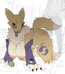  all_fours anthro areola ball bandai_namco biped blush bodily_fluids bottomwear breasts butt clothing digimon digimon_(species) dipstick_tail drooling duo female fur hi_res human jingzhou14848 mammal markings multicolored_body nipples outside pants purple_clothing renamon saliva sweat tail tail_markings tennis_ball thick_thighs tongue tongue_out topwear 