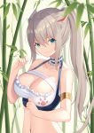  1girl absurdres angel_no_shousou animal_ears armlet bamboo bare_shoulders blue_eyes breasts cat_ears cat_girl cat_tail choker cleavage collarbone crop_top fang frilled_choker frills grey_hair halter_top halterneck hand_up highres large_breasts long_hair looking_at_viewer midriff navel original plant ponytail sleeveless smile solo stomach tail upper_body 