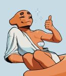 anthro anthrofied bandage breasts clothed clothing ears_back eyes_closed gesture gynomorph hand_gesture hunter_(rain_world) intersex lying muscular muscular_gynomorph muscular_intersex on_back open_clothing open_robe pashoo pasties pivoted_ears rain_world robe scar simple_background slugcat smile solo sparkles tail thumbs_up trans_(lore) trans_woman_(lore) videocult