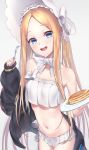  1girl abigail_williams_(fate/grand_order) abigail_williams_(swimsuit_foreigner)_(fate) absurdres bangs bare_shoulders bikini black_jacket blonde_hair blue_eyes blush bonnet bow breasts fate/grand_order fate_(series) food forehead fork hair_bow highres jacket long_hair looking_at_viewer miniskirt monegi navel off_shoulder open_clothes open_jacket open_mouth pancake parted_bangs plate sidelocks skirt small_breasts smile swimsuit twintails very_long_hair white_background white_bikini white_bow white_headwear 