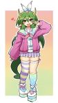  1girl arm_up asymmetrical_footwear asymmetrical_legwear blue_bow blue_jacket blue_ribbon blue_shoes blue_socks blush border bow brown_eyes character_print collar commentary_request draco_centauros draco_centauros_(miracle_charmy) dragon_girl dragon_horns dragon_tail dragon_wings fang footwear_bow gradient_background gradient_clothes gradient_jacket gradient_socks green_background green_hair green_jacket green_socks hair_between_eyes hair_ornament hair_ribbon hairband heart heart_hair_ornament heart_print horns jacket kneehighs kurokogeee long_sleeves looking_at_viewer mismatched_footwear mismatched_legwear multicolored_shoes neckerchief official_alternate_costume open_mouth orange_background outline pink_background pink_bow pink_hairband pink_jacket pink_neckerchief pink_shoes pleated_skirt pointy_ears polka_dot polka_dot_jacket polka_dot_socks purple_collar purple_ribbon purple_skirt purple_thighhighs puyo_(puyopuyo) puyopuyo puyopuyo_quest ribbon shirt shirt_bow shoes short_hair simple_background skirt sleeves_past_wrists smile socks solo striped_clothes striped_ribbon striped_thighhighs tail thick_thighs thigh_bow thigh_strap thighhighs thighs two-sided_fabric two-sided_jacket v white_border white_jacket white_outline white_shirt white_shoes white_socks white_straps white_trim wings yellow_background yellow_ribbon yellow_thighhighs 