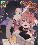  2025 2girls animal_hands bite_mark bite_mark_on_neck black_hair blue_eyes brown_hair choker commentary_request fangs gloves happy_halloween highres kashikaze kimi_ga_hoeru_tame_no_uta_wo long_hair looking_at_viewer low_twintails multiple_girls narumiya_yu ogami_haru open_mouth orange_choker paw_gloves pointy_ears red_eyes twintails yuri 