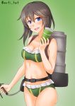  1girl anti_(untea9) bikini black_hair breasts collarbone cup gradient gradient_background green_background green_bikini hair_between_eyes hayasui_(kantai_collection) highres holding holding_cup kantai_collection looking_at_viewer medium_breasts navel open_mouth short_hair silver_eyes smile solo swimsuit twitter_username 