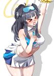 >_< 1girl absurdres animal_ears black_hair blue_archive blue_eyes blush breasts cheerleader cleavage commentary_request dog_ears dog_girl dog_tail goggles goggles_on_head halo hibiki_(blue_archive) hibiki_(cheer_squad)_(blue_archive) highres holding holding_pom_poms long_hair looking_at_viewer medium_breasts microskirt millennium_cheerleader_outfit_(blue_archive) navel official_alternate_costume open_mouth pom_pom_(cheerleading) simple_background skirt solo star_(symbol) star_sticker sticker sticker_on_arm sticker_on_face tail white_background woo_(woosan) yellow_halo 