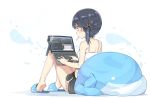  1girl bare_arms bare_legs bare_shoulders black_hair black_shorts breasts candy chinese_commentary commentary_request computer food from_behind hatsunatsu in_mouth laptop leaning_back lollipop original red_eyes shirt short_hair short_shorts shorts side_ponytail sitting slippers small_breasts solo stuffed_animal stuffed_toy stuffed_whale tank_top white_shirt 