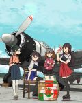  4girls aircraft aircraft_request airplane akagi_(kantai_collection) annin_musou barrel black_hair black_hakama black_legwear blue_hakama blue_sky brown_eyes brown_hair closed_eyes cloud commentary_request day geta grin hakama hakama_skirt highres houshou_(kantai_collection) japanese_clothes kaga_(kantai_collection) kantai_collection kariginu kimono long_hair magatama mallet multiple_girls muneate outdoors pink_kimono ponytail red_legwear red_shirt ryuujou_(kantai_collection) shirt side_ponytail sitting sky smile standing standing_on_one_leg tasuki thighhighs twintails visor_cap 