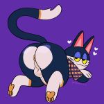  &lt;3 1:1 animal_crossing anthro anus backsack balls big_butt black_body black_fur bottomless butt clothed clothing dipstick_tail domestic_cat erection felid feline felis fur genitals half-closed_eyes hi_res looking_at_viewer looking_back lying male mammal multicolored_tail narrowed_eyes nintendo pawpads penis presenting presenting_hindquarters punchy_(animal_crossing) purple_background simple_background smile solo spicysaturns video_games 