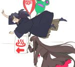  1boy 1girl balloon bangs black_hair blunt_bangs brown_hair button_eyes buttons closed_mouth fate/grand_order fate_(series) floating grey_scarf holding holding_balloon japanese_clothes long_hair okada_izou_(fate) open_mouth oryou_(fate) pako red_eyes scarf sign smile very_long_hair 