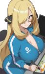  1girl alternate_costume blonde_hair breasts chair commentary_request cynthia_(pokemon) drawing_tablet glasses green_eyes hair_ornament holding holding_pencil jersey large_breasts long_hair looking_at_viewer mituyota_76 one_eye_closed pants pencil pokemon pokemon_dppt rapidash simple_background sitting smile solo table 
