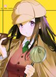  1girl alternate_costume bangs blush breasts brown_hair character_name chitanda_eru collared_shirt commentary_request green_neckwear hands_up hat heart heart_print highres holding hyouka jacket large_breasts long_hair long_sleeves looking_at_viewer magnifying_glass mery_(yangmalgage) necktie parted_lips playing_card_theme purple_eyes shirt signature solo upper_body vest white_shirt wing_collar yellow_background 