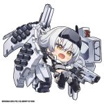  1girl arm_up armored_boots bandaged_leg bandages boots breasts brown_eyes capelet chibi commentary dog_tags english_commentary full_body gloves goddess_of_victory:_nikke grey_gloves grey_hair gun hair_between_eyes head-mounted_display highres long_hair machinery medium_breasts no_nose official_art open_mouth scar sideboob snow_white_(heavy_arms)_(nikke) snow_white_(nikke) solo torn_capelet torn_clothes totatokeke weapon white_capelet 