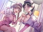  2girls :d black_hair blush breasts brown_hair cleavage curtains day hand_on_own_breast hat highres holding holding_paper indoors lamp large_breasts leaning_forward mole mole_under_mouth multiple_girls natsuki_iori nurse nurse_cap open_mouth original paper parted_lips pink_eyes purple_eyes short_hair sitting smile stethoscope twintails window 