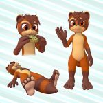  1:1 2016 3d_(artwork) 4_fingers 4_toes abstract_background anthro barefoot blue_background brown_body brown_eyes brown_fur brown_hair cinnamon_(cinnamoncookies) cinnamoncookies cookie digital_media_(artwork) eating featureless_crotch fingers food front_view fur hair hi_res holding_food holding_object lying male mammal nude on_back procyonid raccoon simple_background sleeping solo standing toes 