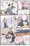  >_< 5girls apron black_bow black_bowtie black_dress black_hair blue_archive bow bowtie breasts carrying carrying_person cleavage clock commentary_request doodle_sensei_(blue_archive) dress enmaided food grey_suit halo hinata_(blue_archive) houraku indoors ketchup_bottle large_breasts maid maid_apron maid_headdress mari_(blue_archive) mika_(blue_archive) multiple_girls nagisa_(blue_archive) o_o omelet orange_hair paper_on_head pink_hair sakurako_(blue_archive) sensei_(blue_archive) speech_bubble stretcher suit throwing translation_request wall_clock white_apron white_wings wings 