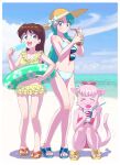  >_< 3girls animal_ears aqua_hair bare_arms bare_legs beach bikini bikini_skirt blue_bikini blue_bow blue_eyes blue_sky body_fur bow breasts brown_hair cat_ears cat_girl cat_tail cleavage closed_mouth cloud colored_skin commentary_request crossover cup drink drinking_straw eating floral_print food frilled_bikini frills full_body furry furry_female genji_tsuushin_agedama hair_bow hand_up hands_up hat hat_bow heike_ibuki highres holding holding_drink holding_food holding_popsicle holding_spoon horizon ice ice_cube iced_tea innertube kuki_rei long_hair looking_at_another medium_breasts miiya_miiya mizutani_kenta multiple_girls navel ocean open_mouth outdoors pink_fur pink_hair pink_skin popsicle print_innertube red_bikini red_bow rpg_densetsu_hepoi sandals shaved_ice side-tie_bikini_bottom sky small_breasts smile spoon spoon_straw squatting standing strapless strapless_bikini sun_hat swim_ring swimsuit tail teeth upper_teeth_only yellow_bikini 