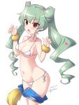  1girl anchovy_(girls_und_panzer) artist_name bikini blue_shorts blush breasts brown_eyes cameltoe collarbone covered_nipples dated drill_hair eyebrows_visible_through_hair fang girls_und_panzer green_hair groin hair_ornament highres kuzuryuu_kennosuke long_hair looking_at_viewer medium_breasts navel open_mouth shiny shiny_hair shiny_skin short_shorts shorts shorts_pull side-tie_bikini simple_background solo star_(symbol) star_hair_ornament swimsuit swimwear twin_drills twintails white_background white_bikini 