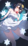  1girl absurdres amber_(stella_sora) amber_(talent)_(stella_sora) bare_legs bare_shoulders black_hair breasts chisei259 cleavage commentary_request double_strap_slip dress feet_out_of_frame four-pointed_star highres holding holding_star large_breasts light_particles looking_at_viewer medium_hair official_alternate_costume six_pointed_star sleeveless sleeveless_dress solo star_(symbol) stella_sora strap_slip white_dress yellow_eyes 