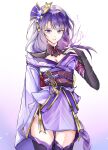  1girl armor blunt_bangs breasts bridal_gauntlets cleavage clothing_cutout commentary crystalfly_(genshin_impact) english_commentary fan_hair_ornament genshin_impact gradient_background gradient_hair hair_ornament highres japanese_armor japanese_clothes kimono lingerie long_sleeves looking_at_viewer mole mole_under_eye multicolored_hair neck_ribbon off_shoulder ooto598 parted_lips purple_eyes purple_hair purple_kimono purple_thighhighs raiden_shogun red_ribbon red_sash ribbon sash shoulder_cutout solo standing thigh_gap thighhighs thighs underwear upper_body 