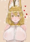  1girl ? absurdres animal_ears animal_print arms_behind_back blonde_hair blush bow bowtie breasts commentary_request covered_nipples expressionless extra_ears heart highres kemono_friends large_breasts looking_at_viewer oh_y0u orange_bow orange_bowtie print_bow print_bowtie serval_(kemono_friends) short_hair sleeveless two-tone_bow yellow_eyes 