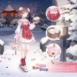  1girl ;d animal-themed_food arch artist_request bamboo_steamer bandaid bandaid_on_face bandaid_on_nose bare_tree blue_sky blunt_bangs bow bowtie bra_strap bridge brown_eyes brown_hair bun_cover bush character_name chinese_clothes chinese_zodiac close-up collar copyright_name dawn detached_collar double_bun dress english_text food frilled_collar frilled_dress frilled_leg_warmers frills full_body garden gradient_sky hair_bow hair_bun happy high_heels holding holding_bamboo_steamer lantern leg_warmers long_sleeves looking_at_viewer miracle_nikki my_pig_princess neck_tassel nikki_(series) off-shoulder_dress off_shoulder official_art one_eye_closed open_mouth outdoors paper_lantern pavilion petals pig piggy_bank piggy_bun_shop_(miracle_nikki) pine_tree pink_sky pleated_dress print_cloak print_leg_warmers print_tabard puffy_long_sleeves puffy_sleeves pumps red_bow red_bowtie red_collar red_leg_warmers red_tabard river shoes short_dress short_hair sky smile snow snowing solo standing steamed_bun stone_lantern tabard tareme tassel third-party_source tree white_dress white_shoes winter xiangyun year_of_the_pig 