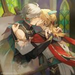  2boys alhaitham_(genshin_impact) artist_name blonde_hair closed_eyes commentary driftwoodwolf earrings easel genshin_impact indoors jewelry kaveh_(genshin_impact) kiss light_particles male_focus multiple_boys paintbrush stained_glass through_medium yaoi 