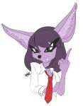  angry annoyed anthro big_ears brown_eyes canid canine clothed clothing crossed_arms dress_shirt eyelashes female fennec fox fur gesture hair inner_ear_fluff laz mammal middle_finger necktie novacantnames punk purple_body purple_fur purple_hair rolled_up_sleeves shirt snarling solo topwear tuft 
