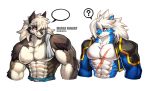  abs absurd_res anthro biceps canid canine canis cheong_hwan clothed clothing digital_media_(artwork) drks fur group hair hi_res male mammal muscular muscular_anthro muscular_male nipples pecs red_eyes scar simple_background speech_bubble wolf wolfmalro 