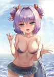  1girl artist_name bangs bare_arms bare_shoulders bikini bikini_skirt blush breasts cleavage collarbone commentary double_bun eyebrows_visible_through_hair frilled_innertube front-tie_bikini front-tie_top green_bikini green_skirt hair_ribbon half-closed_eyes halterneck hands_up highres index_finger_raised innertube large_breasts looking_at_viewer medium_hair navel nipple_slip nipples open_mouth original outdoors outstretched_hand pangbai_666 pink_hair pleated_skirt purple_hair ribbon skirt solo stomach strap_pull swimsuit tongue tongue_out water wet wet_hair 