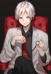  1boy black_pants black_shirt chair highres labcoat long_sleeves male_focus necktie original pants red_neckwear reinama shirt simple_background sitting smile solo stethoscope white_hair yellow_eyes 