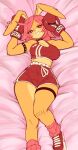 anthro armband athletic athletic_female athletic_wear band-aid band-aid_on_knee band-aid_on_leg bandage bandage_on_knee big_breasts blush bottomwear boxing_gloves bra breasts buckteeth choker clothing dakimakura dakimakura_design eyelashes female footwear fur gym_bottomwear gym_shorts hair handwear heart_eyes heart_symbol hi_res jewelry lagomorph legband leporid mammal mochabaebae necklace pink_clothing pink_footwear pink_hair pink_socks rabbit red_bottomwear red_bra red_clothing red_eyes red_footwear red_shoes red_shorts red_sports_bra red_underwear shoes shorts socks solo sports_bra tebu_(mochabaebae) teeth thick_thighs underwear xoxo yellow_body yellow_fur