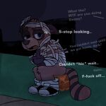 1:1 ambiguous_gender anthro asking_another blue_eyes brown_body brown_fur canid canine clothing costume danfitz29 danny_tanuki dialogue drunk duo ellipsis english_text food footwear fruit fur gesture grass halloween halloween_costume hand_gesture holidays implied_pooping improvised_toilet jack-o'-lantern male male_pooping mammal markings middle_finger mummy_costume mummy_wrappings name_in_dialogue narrowed_eyes night offscreen_character open_mouth outside plant public_pooping pumpkin raccoon_dog shoes signature sitting sitting_on_pumpkin speech_bubble striped_body striped_fur striped_markings striped_tail stripes substance_intoxication tail tail_markings talking_to_another tanuki text