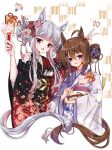  2girls absurdres animal_ears black_kimono blunt_bangs blush brown_hair floral_print floral_print_kimono flower gold_ship_(umamusume) grey_hair hagoita hair_between_eyes hair_bun hair_flower hair_ornament hane_(hanetsuki) hanetsuki highres holding holding_paddle horse_ears horse_girl horse_tail japanese_clothes kimono long_hair long_sleeves looking_at_viewer multiple_girls nakayama_festa_(umamusume) open_mouth paddle print_kimono purple_eyes reba_reba24 red_kimono smile tail umamusume v 