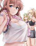  3girls absurdres alternate_hairstyle bike_shorts black_shorts blonde_hair blue_eyes blush breasts brown_hair cleavage closed_eyes closed_mouth collarbone eyebrows_visible_through_hair gambier_bay_(kantai_collection) hair_between_eyes headband highres iowa_(kantai_collection) kantai_collection kiritto large_breasts long_hair looking_at_viewer midriff multiple_girls open_mouth pink_towel ponytail saratoga_(kantai_collection) shorts side_ponytail simple_background smile sweat tank_top towel towel_around_neck white_background white_tank_top 