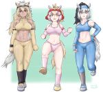 3girls abs alternate_costume animal_ears arms_at_sides ass_visible_through_thighs black_hair blonde_hair blue_eyes blue_pants blue_sports_bra breasts bridle brown_eyes buruma clenched_hands closed_mouth commentary_request crotch_seam dark-skinned_female dark_skin dated detached_leggings detached_sleeves elbow_gloves fingerless_gloves full_body gloves gray_thoroughbred_(kemono_friends) grey_hair hand_on_own_hip headband highres horizontal_pupils horse_ears horse_girl horse_tail kemono_friends kemono_friends_3 large_breasts legs_apart long_hair medium_breasts medium_hair multicolored_hair multiple_girls navel open_mouth palomino_quarter_horse_(kemono_friends) pants pink_buruma pink_hair pink_socks pink_sports_bra saja_(166j357) shinme_(kemono_friends) shoes side-by-side smile socks sports_bra sportswear stomach straight-on tail toned toned_female two-tone_hair walking yellow_pants yellow_sports_bra yoga_pants 