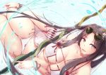  1girl artist_name ass_visible_through_thighs bangs bare_shoulders bikini bracelet breasts brown_eyes brown_hair cleavage collarbone consort_yu_(fate) dermar eyewear_on_head fate/grand_order fate_(series) grey_eyes hair_ornament highres jewelry large_breasts long_hair looking_at_viewer navel open_mouth robe sidelocks staff sunglasses swimsuit thigh_gap thighs twintails very_long_hair water white_bikini yu_miaoyi_(swimsuit_lancer) 