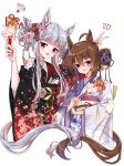  2girls absurdres animal_ears black_kimono blunt_bangs blush brown_hair floral_print floral_print_kimono flower gold_ship_(umamusume) grey_hair hagoita hair_between_eyes hair_bun hair_flower hair_ornament hane_(hanetsuki) hanetsuki highres holding holding_paddle horse_ears horse_girl horse_tail japanese_clothes kimono long_hair long_sleeves looking_at_viewer multiple_girls nakayama_festa_(umamusume) open_mouth paddle print_kimono purple_eyes reba_reba24 red_kimono simple_background smile tail umamusume v white_background 