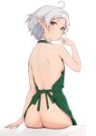  1girl ahoge apron ass back back_focus blush breasts closed_mouth commentary_request elf from_behind green_apron hand_up highres looking_at_viewer looking_back median_furrow mushoku_tensei naked_apron no_bra no_panties orange_eyes parted_bangs pointy_ears rora_(user_vgpk4444) short_hair shoulder_blades sideboob simple_background sitting small_breasts solo sylphiette_(mushoku_tensei) white_background white_hair 